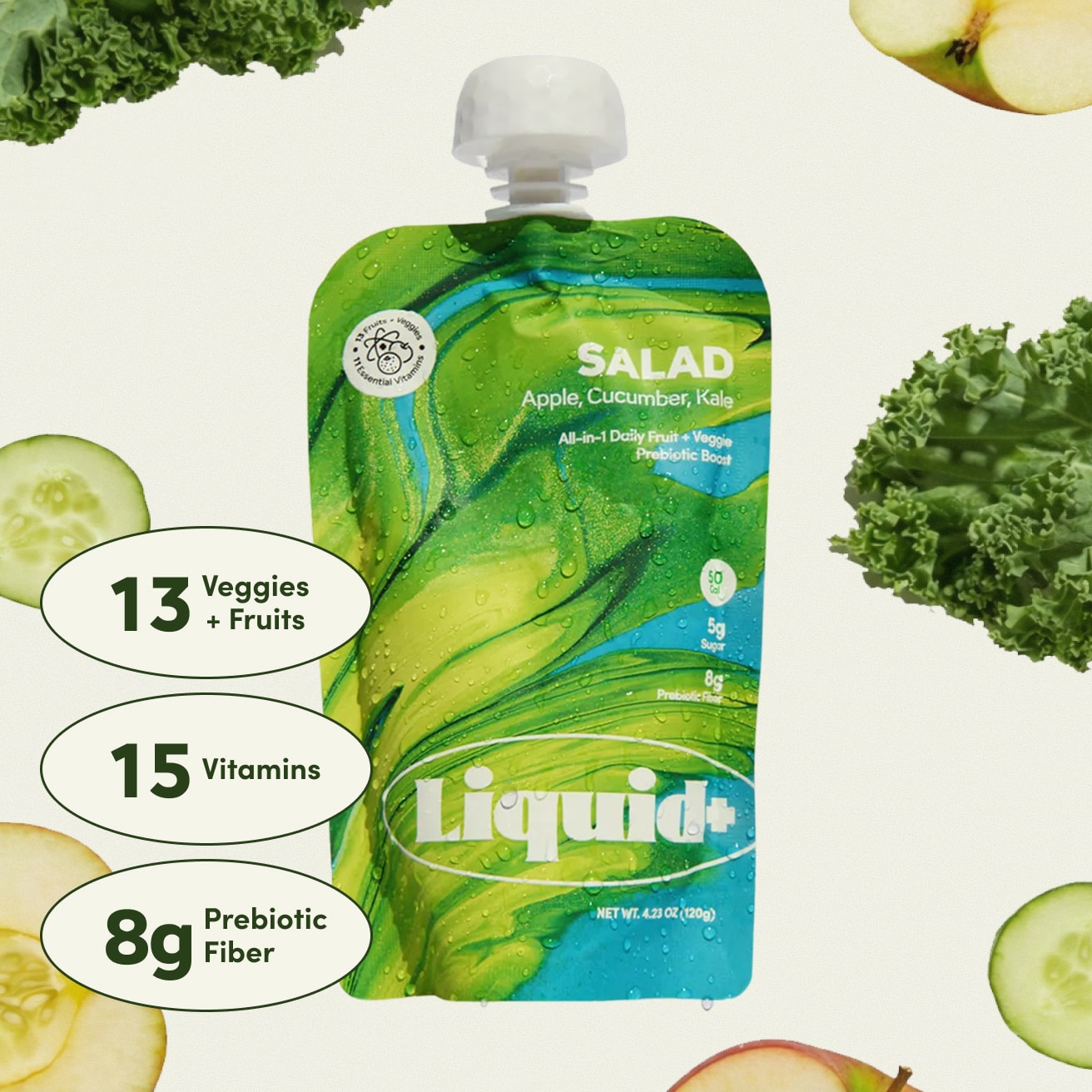 Liquid Salad pouch by Liquid+ with callouts: 13 veggies + fruits, 15 vitamins, and 8g prebiotic fiber
