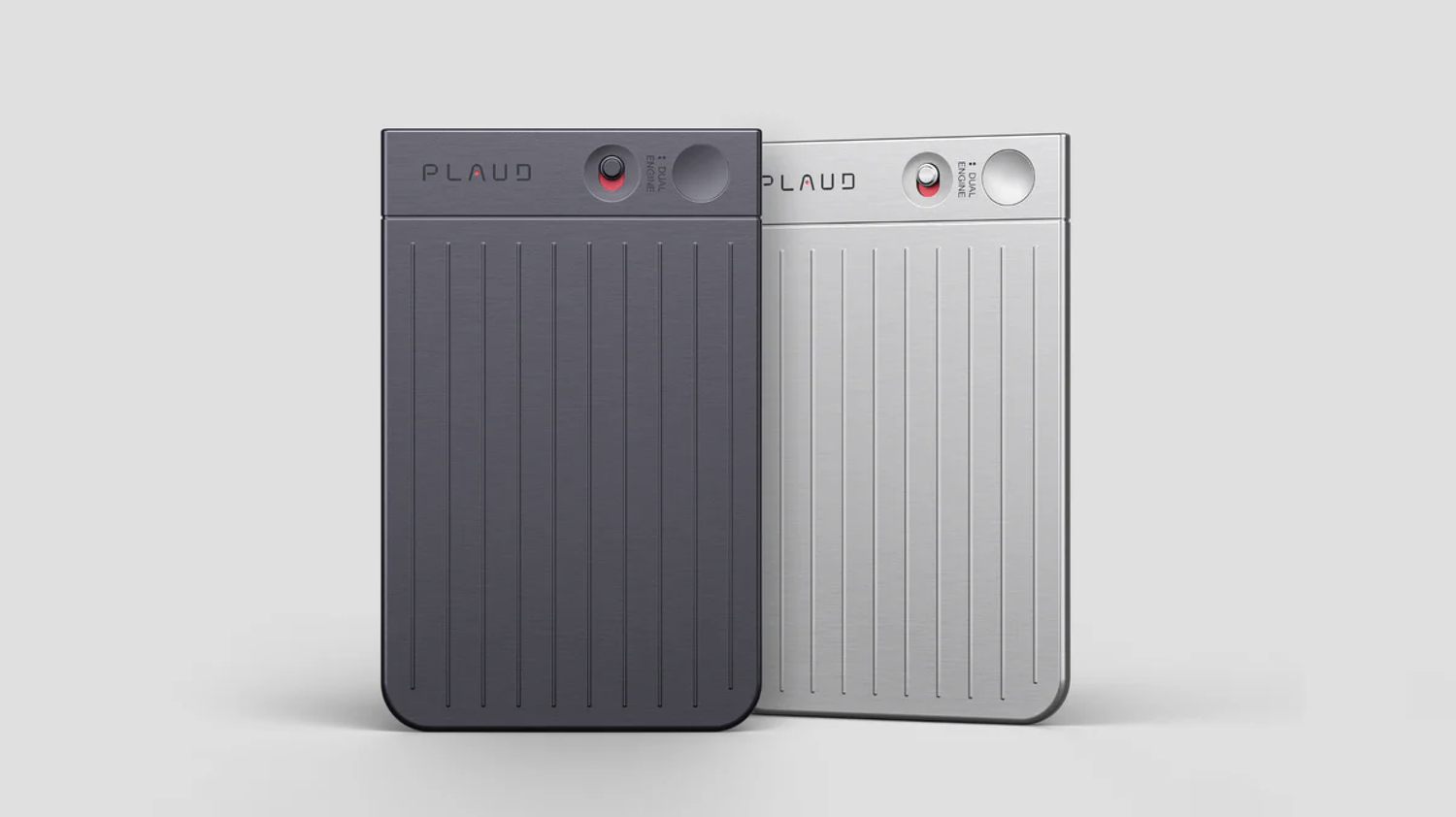 Two PLAUD AI note-taking devices in dark gray and silver
