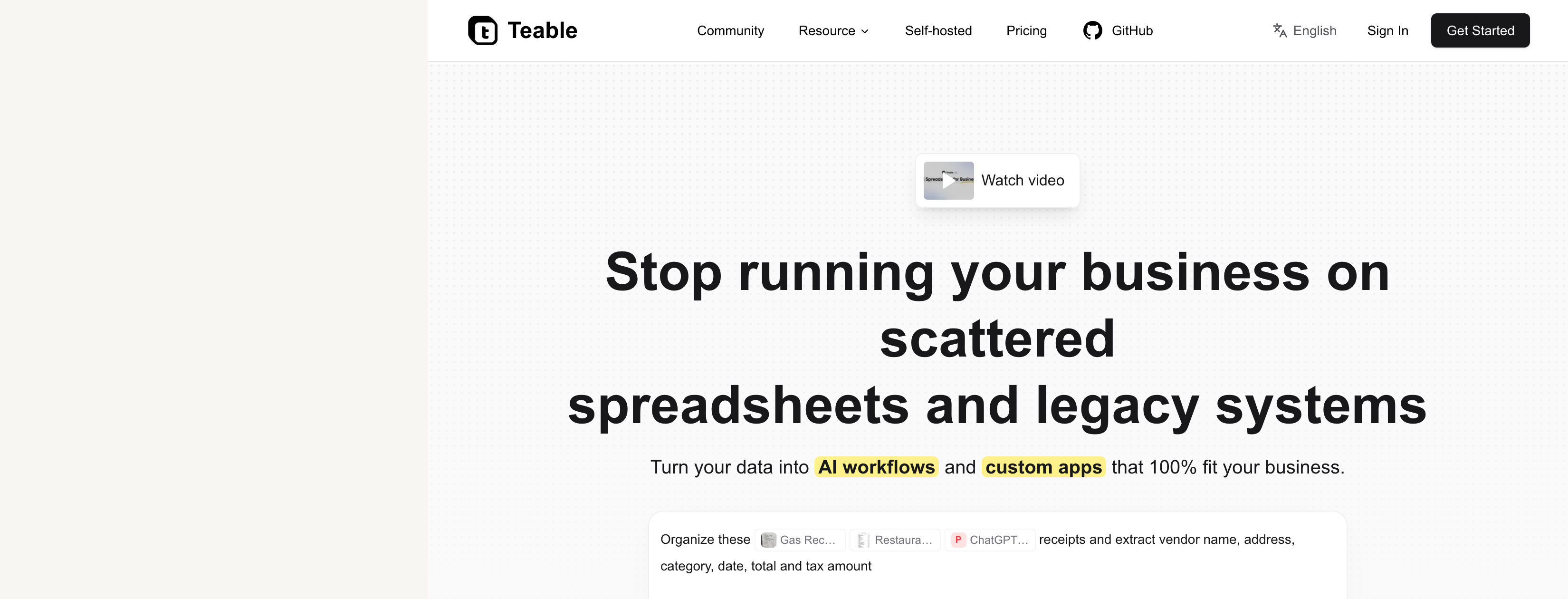 Teable homepage — Stop running your business on scattered spreadsheets and legacy systems